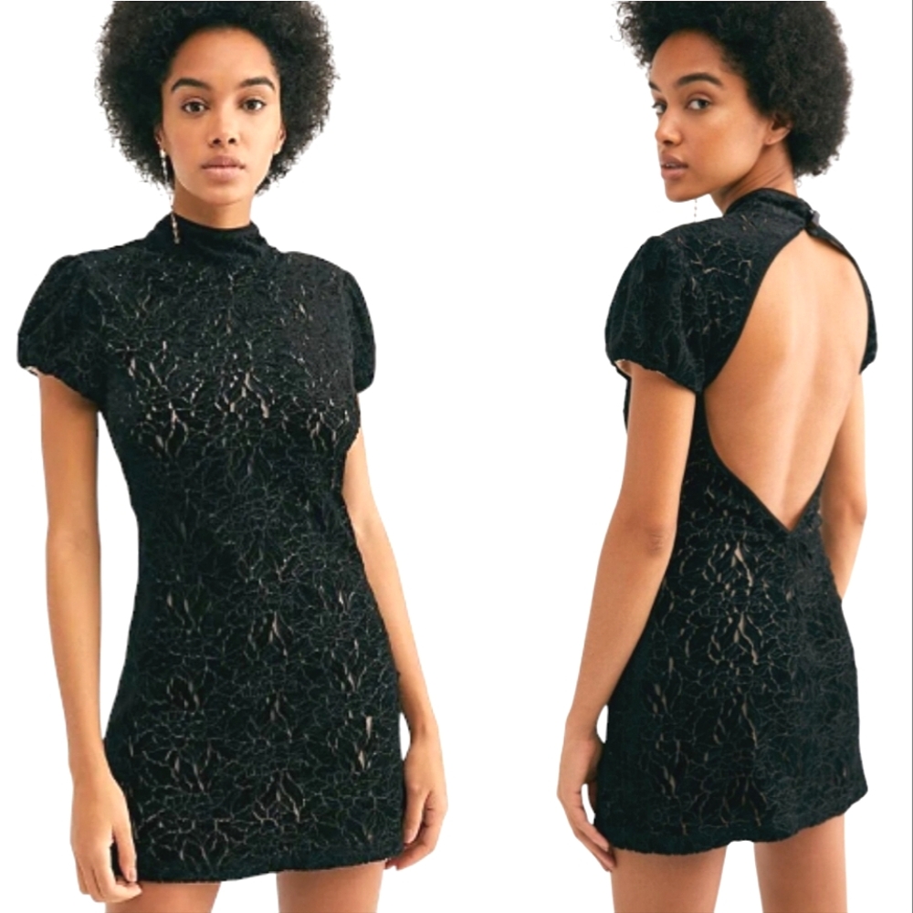 Free People Black Hide & Seek Nwot Velvet Puffed Sleeve Open Back Dress